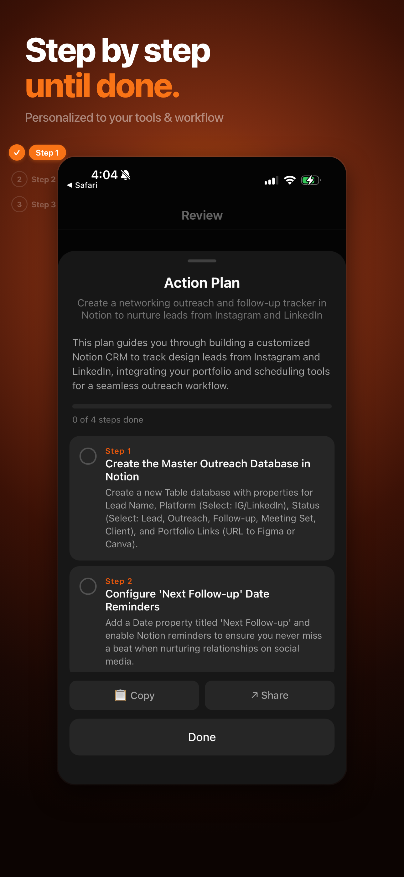 Step-by-step action plan personalized to your tools