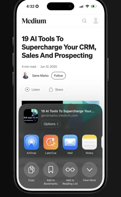 LaterCue iOS Share Sheet — share any link to extract a task